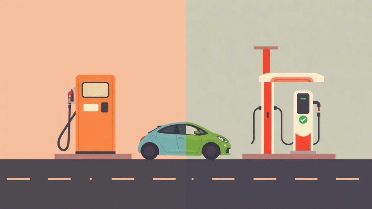 A gas pump and an EV charging station side by side illustrating cost comparison